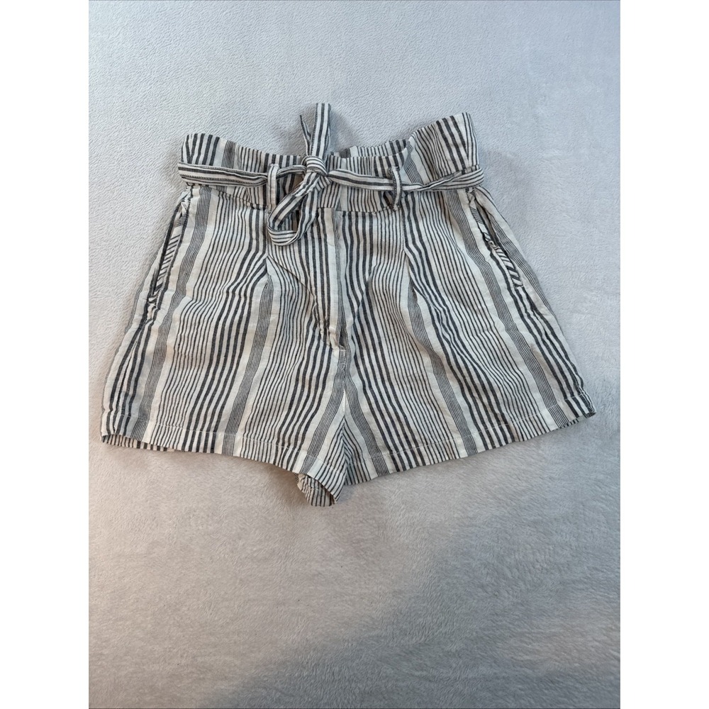 Women's Striped Mid-Rise Tie-Front Shorts - C&C California 100% Linen Sz 10